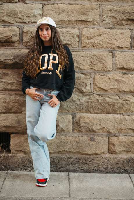 Gold HOPE Ladies BLACK Sponge Fleece Crop Crewneck